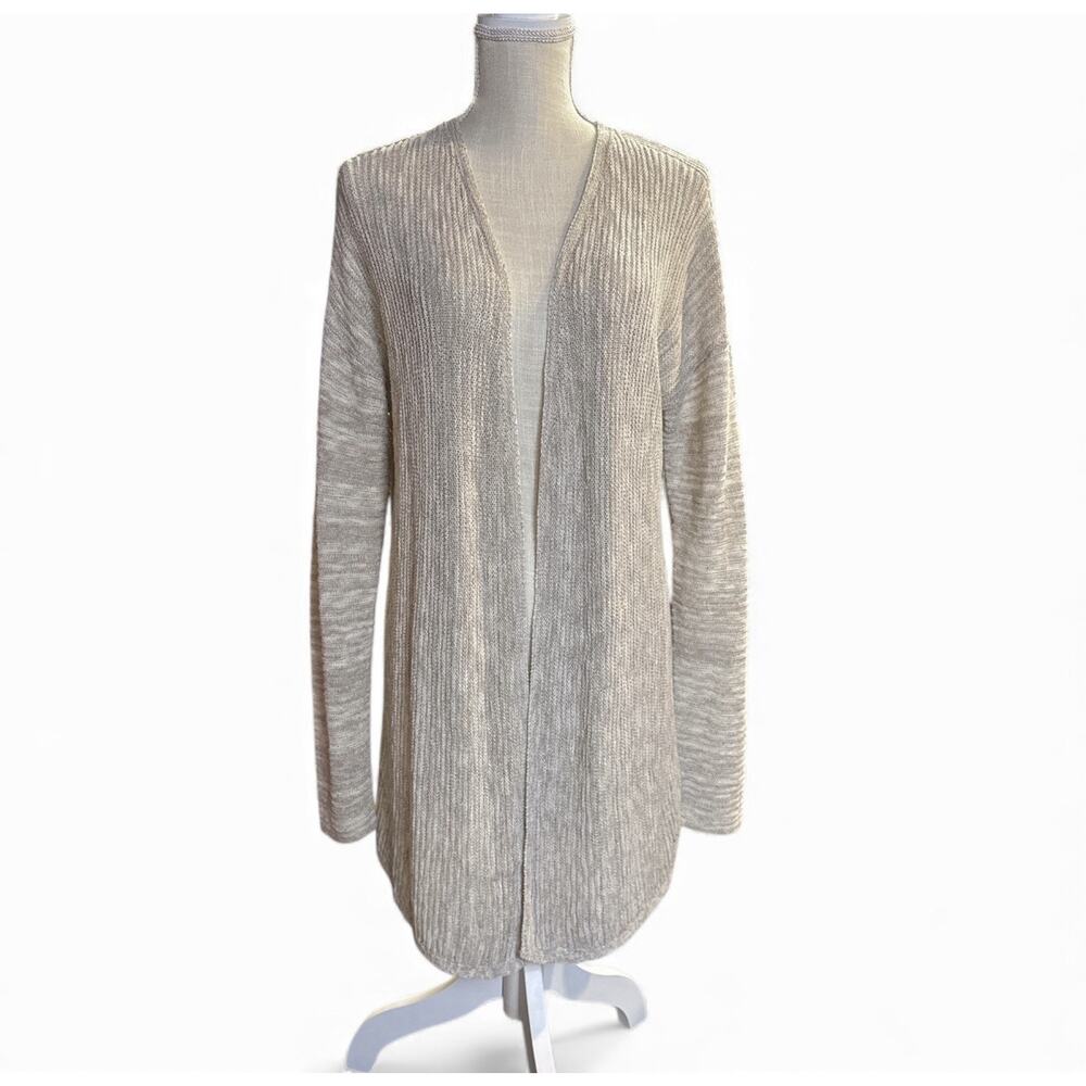 Tahari Womens Linen Blend Open Front Knit Cardigan Textured Beige Lightweight XL